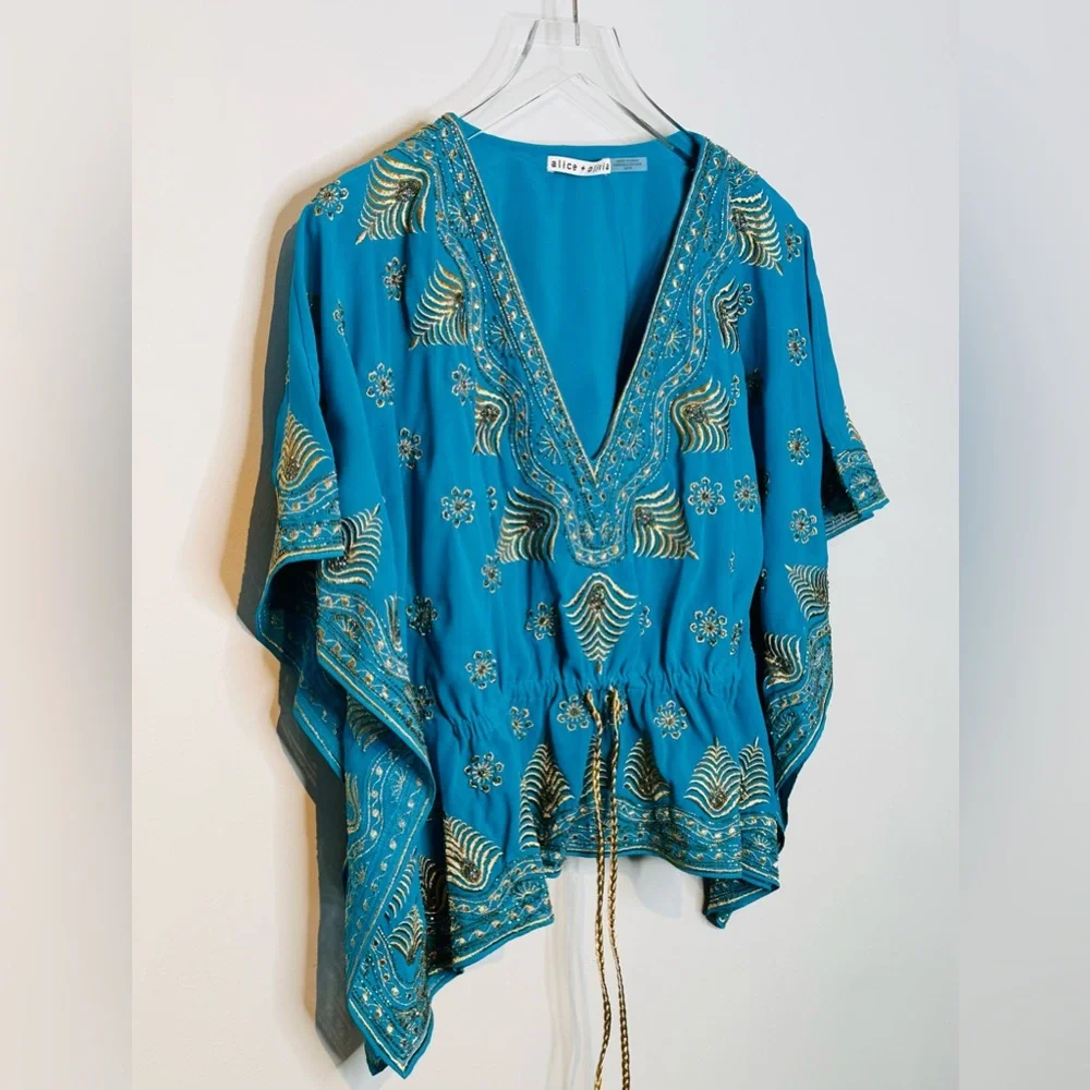 Alice + Olivia Sharita Blue Green Teal Gold Embroidered Drawstring Top Blouse - Picture 6 of 15